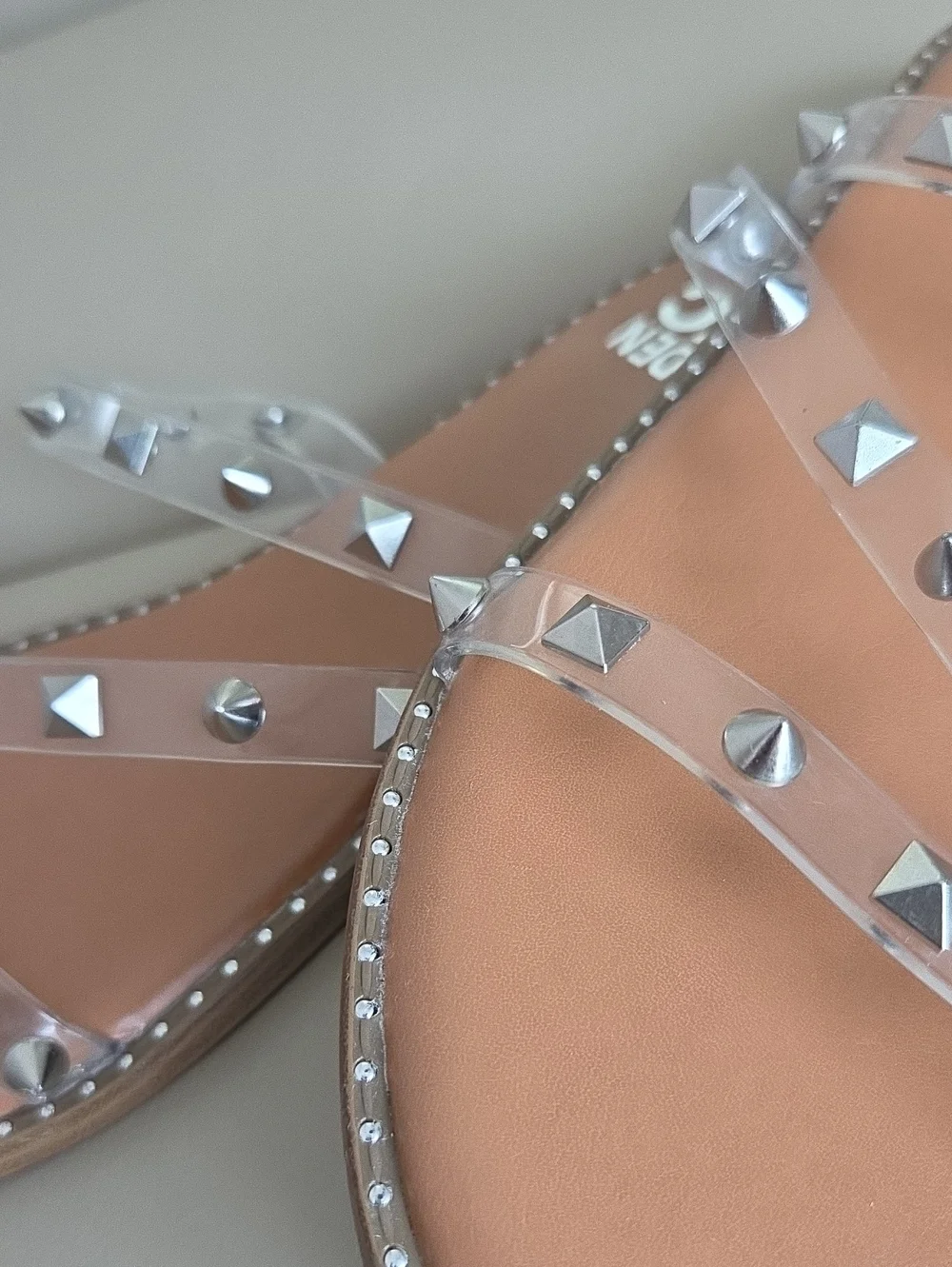 Steve Madden Clear Studded Slide Sandals in Tan